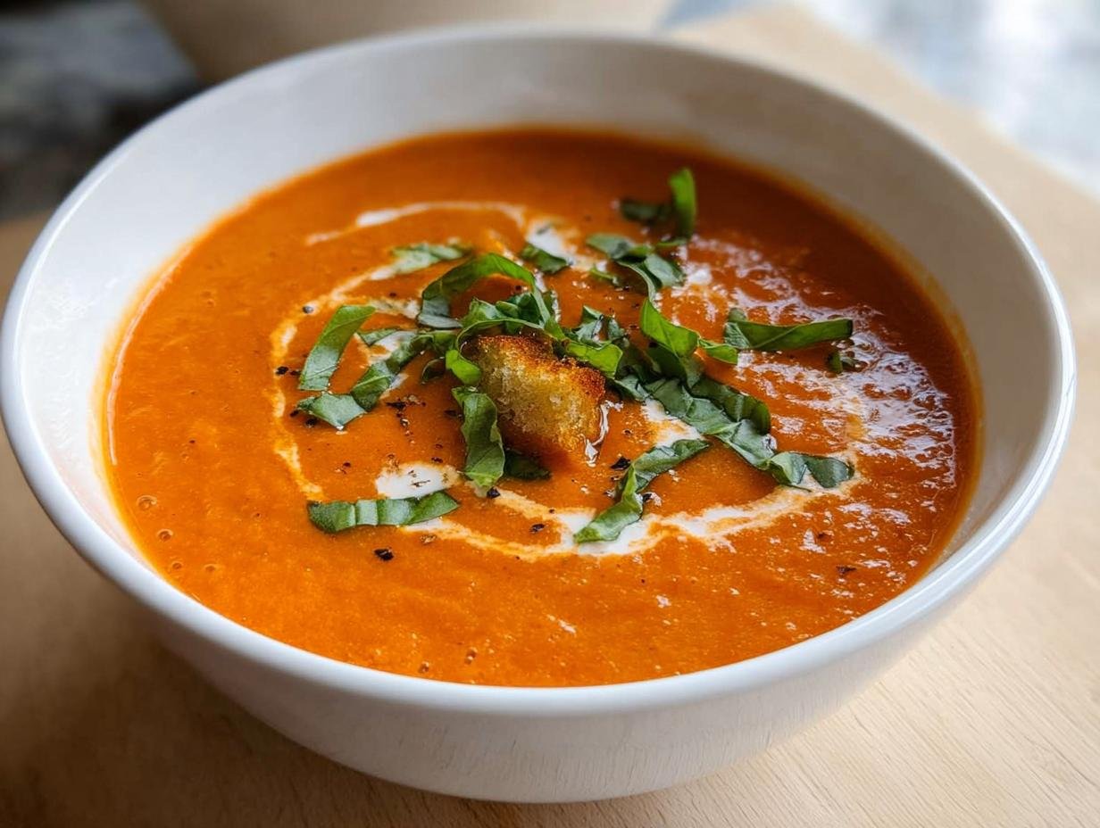 A close-up of a bowl of vibrant orange Creamy Tomato Basil Soup garnished with fresh basil and a crouton.