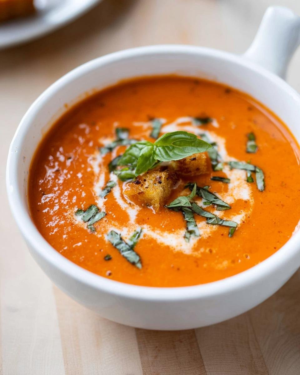 Close-up of a white bowl filled with vibrant Creamy Tomato Basil Soup, topped with cream swirl, croutons, and fresh basil.