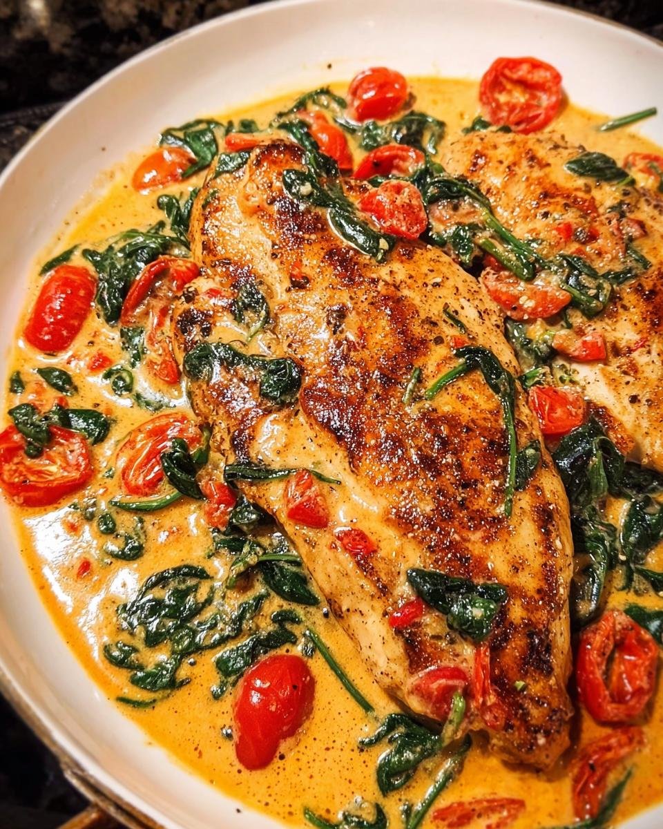Two seared chicken breasts smothered in a rich, creamy sauce with spinach and sun-dried tomatoes, known as Creamy Tuscan Chicken.