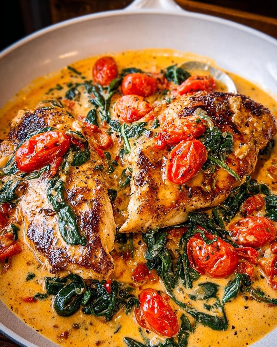 Two seared chicken breasts smothered in a rich, creamy sauce with spinach and roasted cherry tomatoes, classic Creamy Tuscan Chicken.