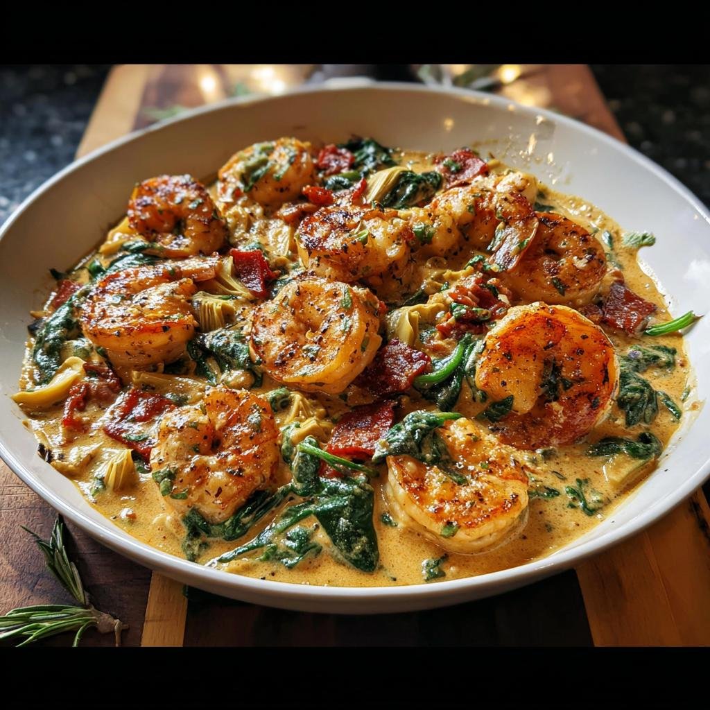 A white bowl filled with Creamy Tuscan Shrimp, spinach, sun-dried tomatoes, and artichoke hearts in a rich sauce.