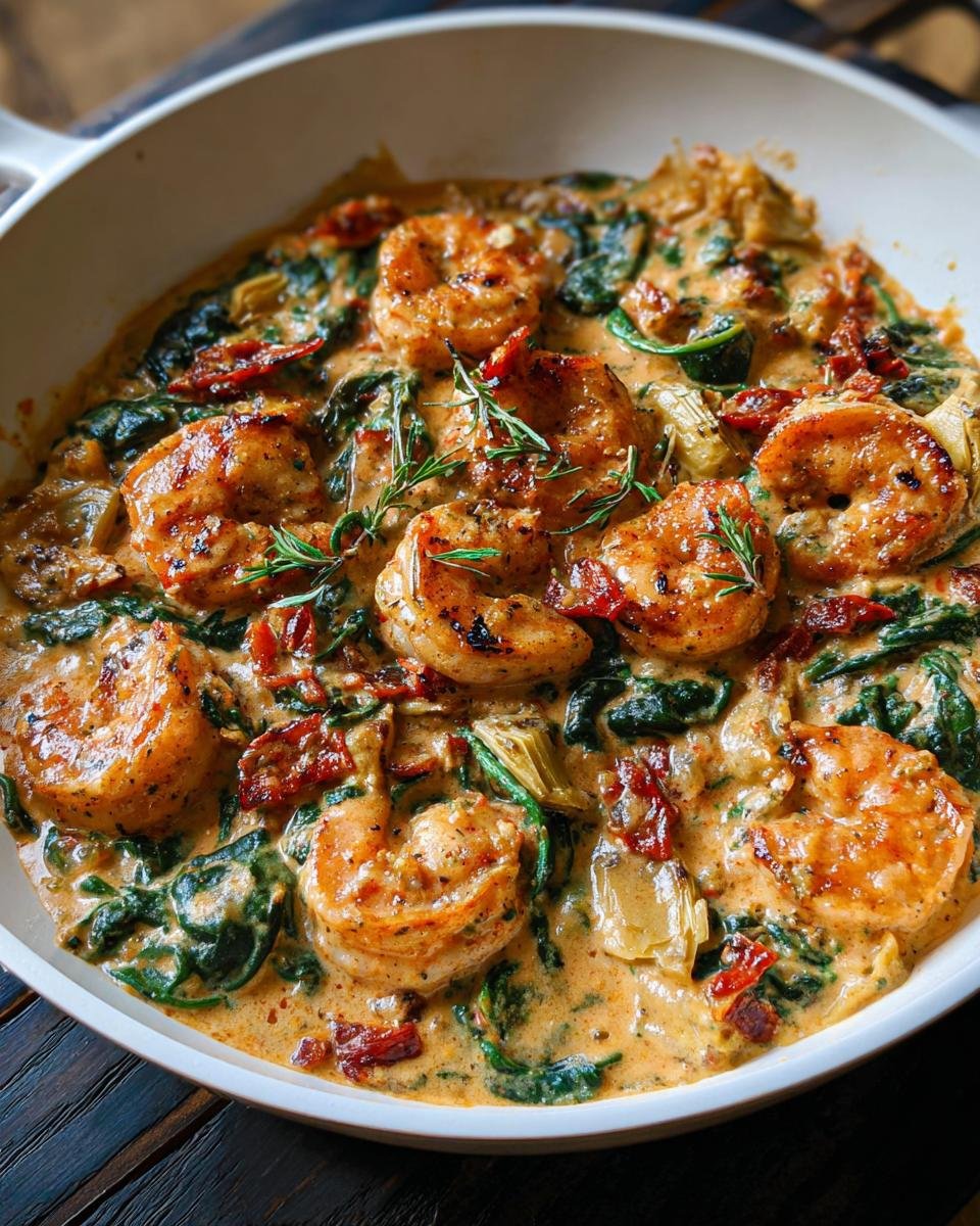 Close-up of pan-seared shrimp in a rich, creamy sauce with spinach, sun-dried tomatoes, and rosemary, showcasing the Creamy Tuscan Shrimp.