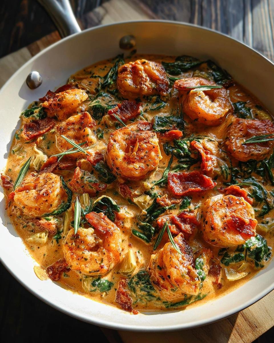Close-up of pan-seared shrimp in a rich, creamy sauce with spinach, sun-dried tomatoes, and bacon, representing Creamy Tuscan Shrimp.