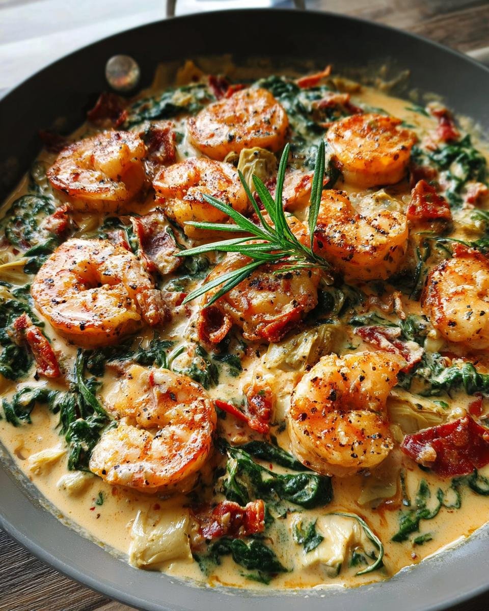 Close-up of pan-seared shrimp in a rich, creamy sauce with spinach, sun-dried tomatoes, and artichoke hearts, garnished with rosemary for Creamy Tuscan Shrimp.