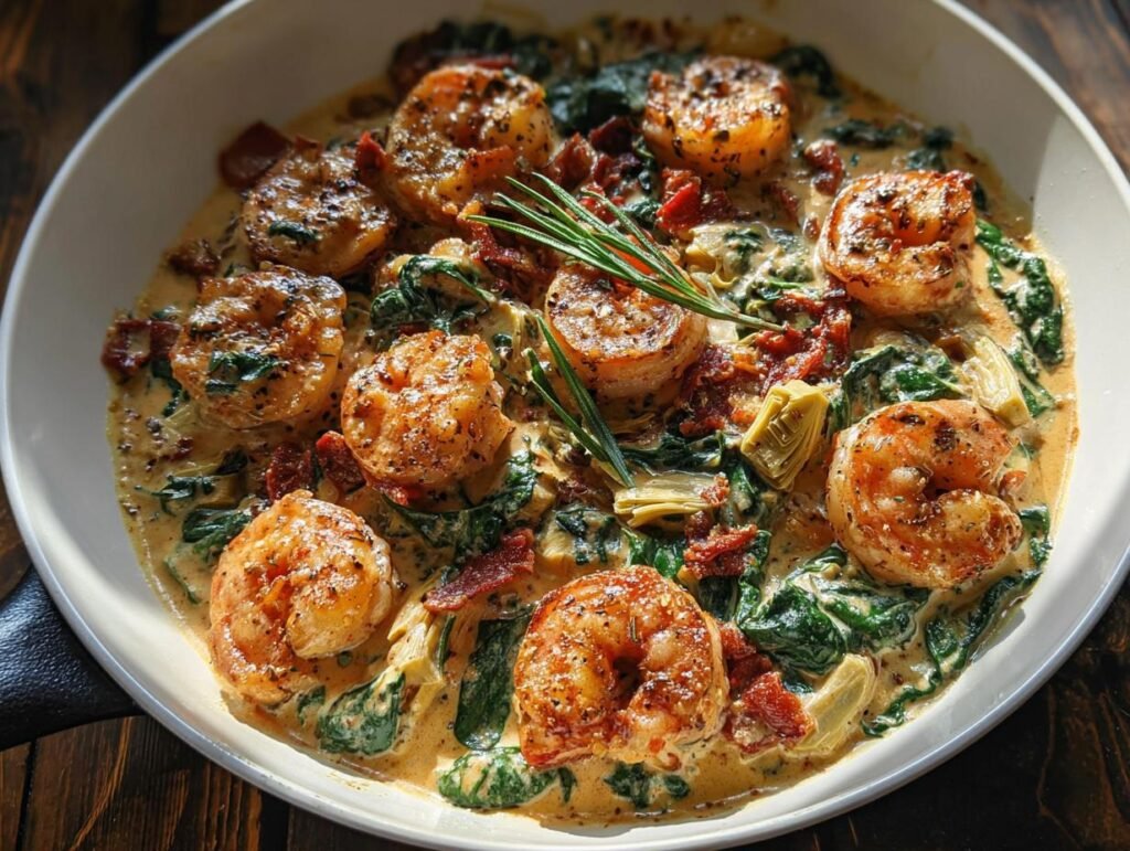Close-up of perfectly cooked shrimp in a rich, creamy sauce with spinach, sun-dried tomatoes, and artichoke hearts—Creamy Tuscan Shrimp.
