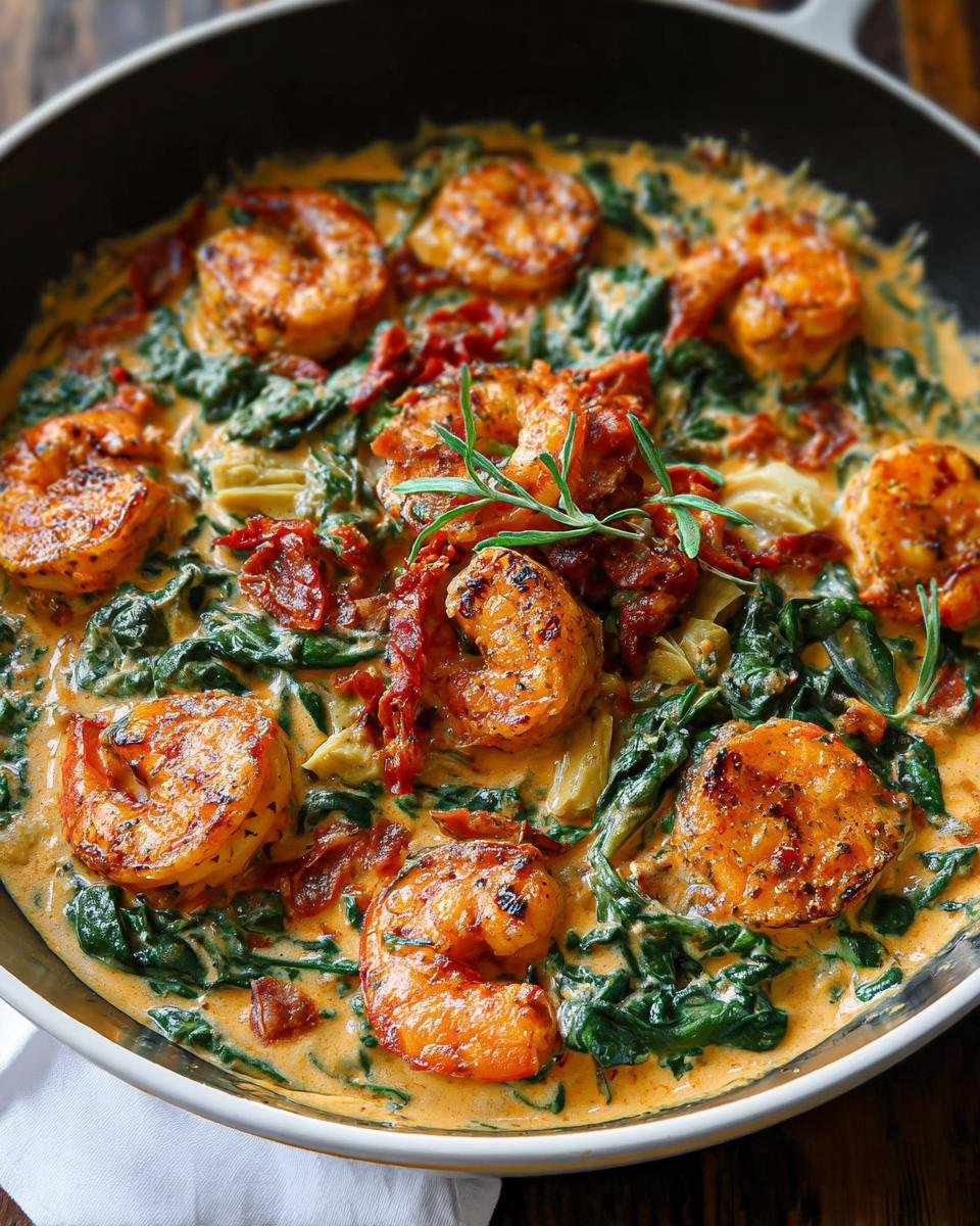 Close-up of perfectly seared shrimp in a rich, creamy sauce with spinach and sun-dried tomatoes, featuring Creamy Tuscan Shrimp.