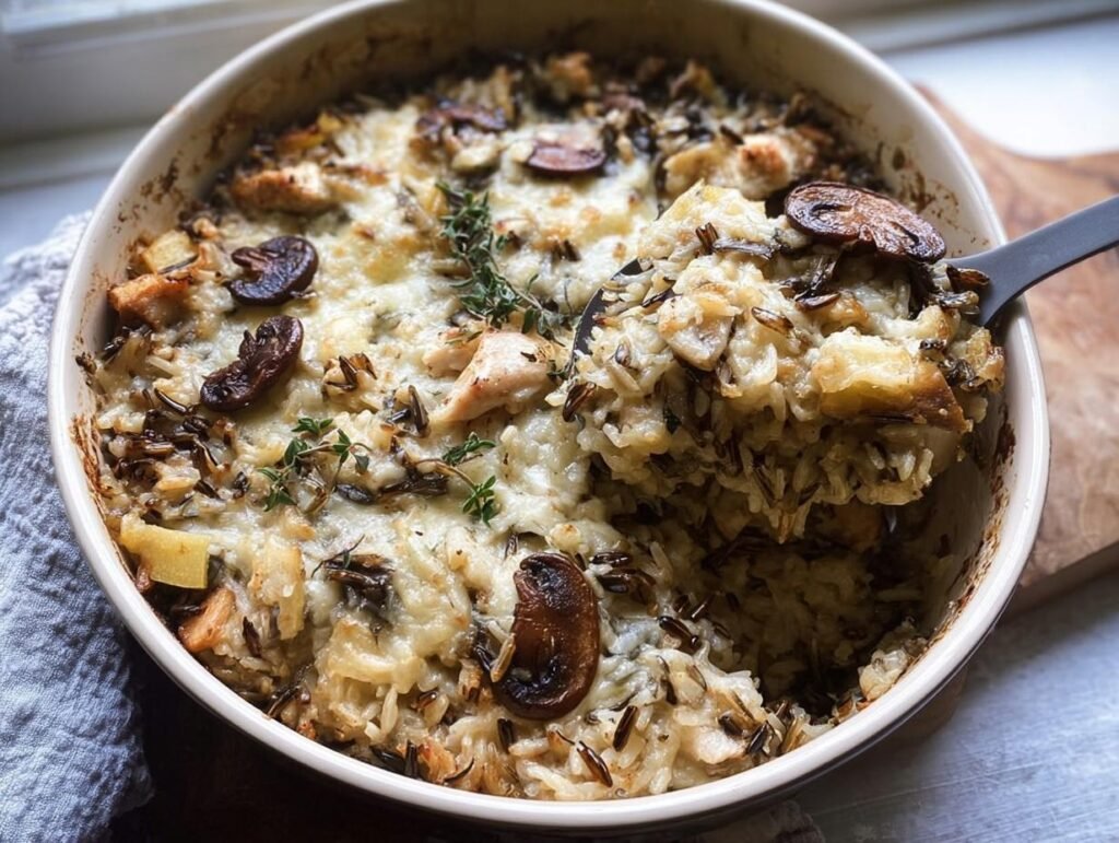 A scoop of creamy wild rice casserole topped with melted cheese and mushrooms, perfect for Cozy Fall Casseroles.