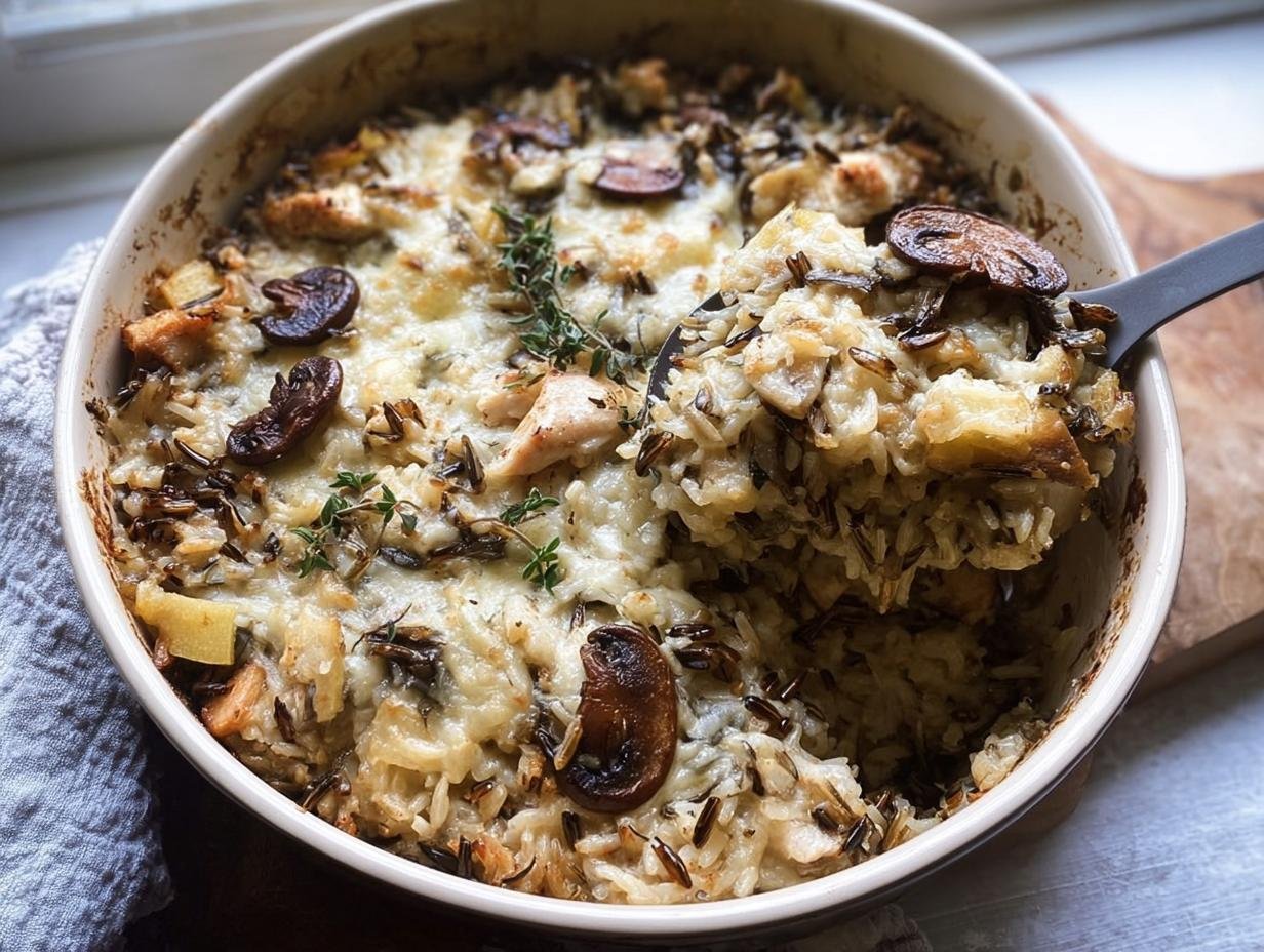 A scoop of creamy wild rice casserole topped with melted cheese and mushrooms, perfect for Cozy Fall Casseroles.