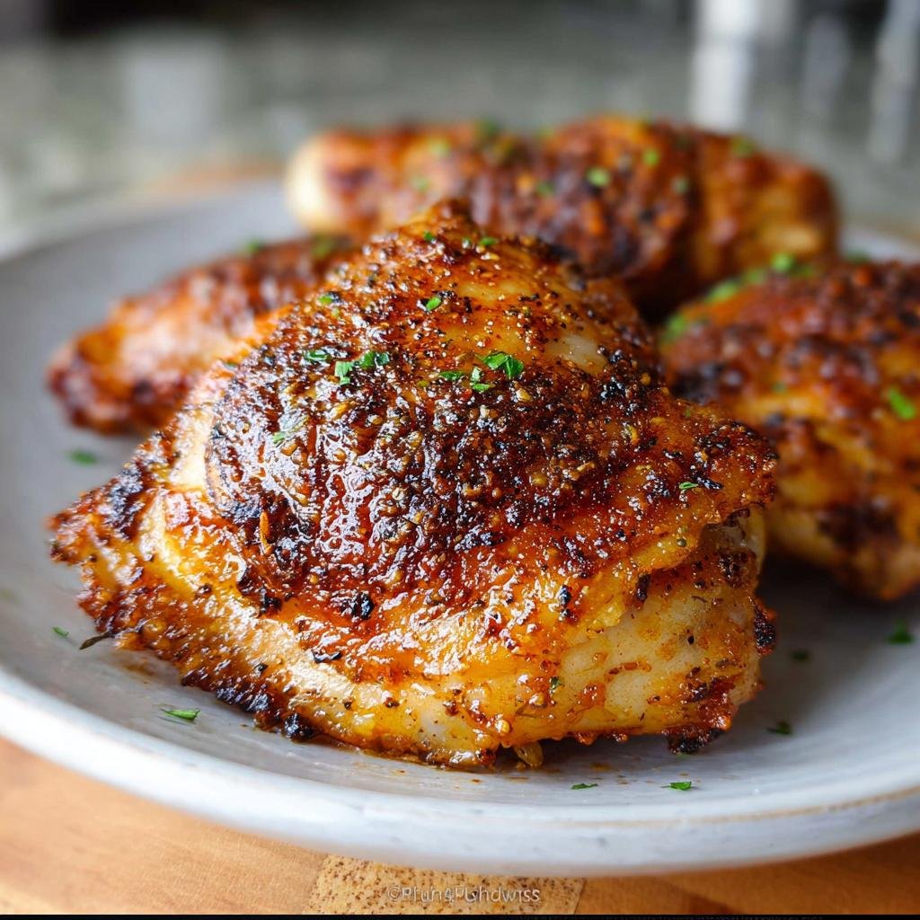 Close-up of a perfectly cooked Crispy Baked Chicken Thighs with a dark, seasoned, and glossy skin.