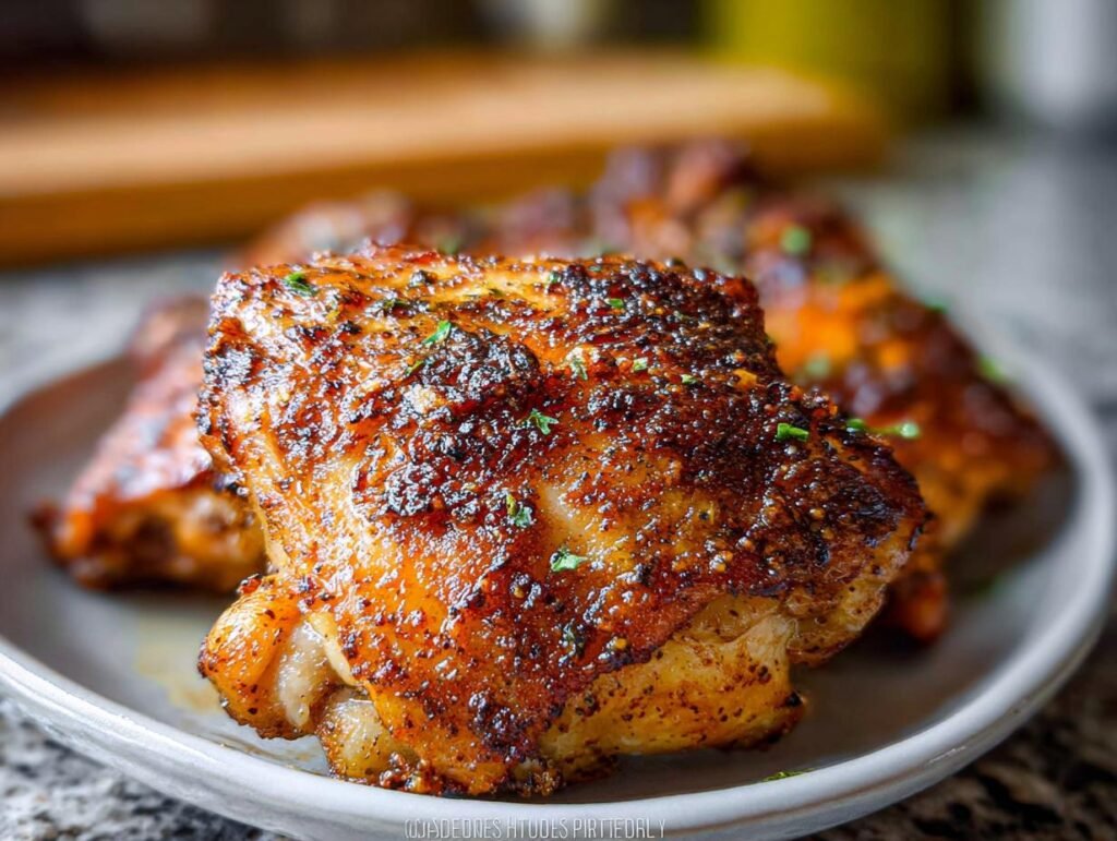 Close-up of a perfectly seasoned and Crispy Baked Chicken Thighs with a dark, flavorful crust.
