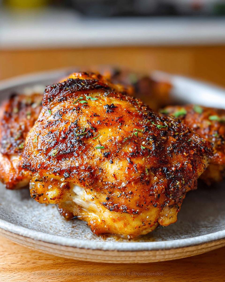 Close-up of a perfectly seasoned, juicy piece of Crispy Baked Chicken Thighs with a browned, herbed skin.