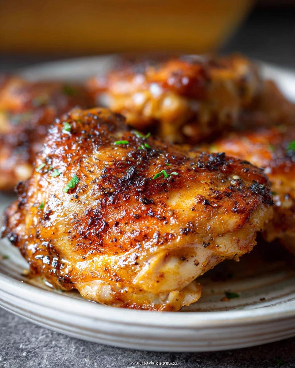 Close-up of a perfectly seasoned and Crispy Baked Chicken Thighs with golden-brown, crackly skin.