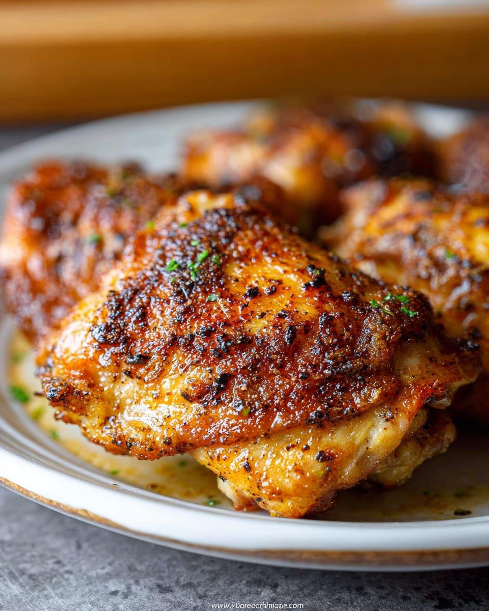 Close-up of a perfectly seasoned and juicy Crispy Baked Chicken Thighs with a dark, crunchy skin.