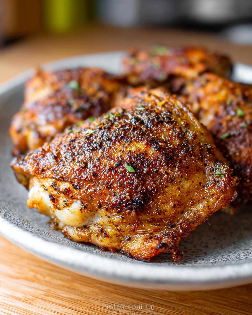 Close-up of a perfectly seasoned and baked Crispy Baked Chicken Thighs with a dark, flavorful crust.