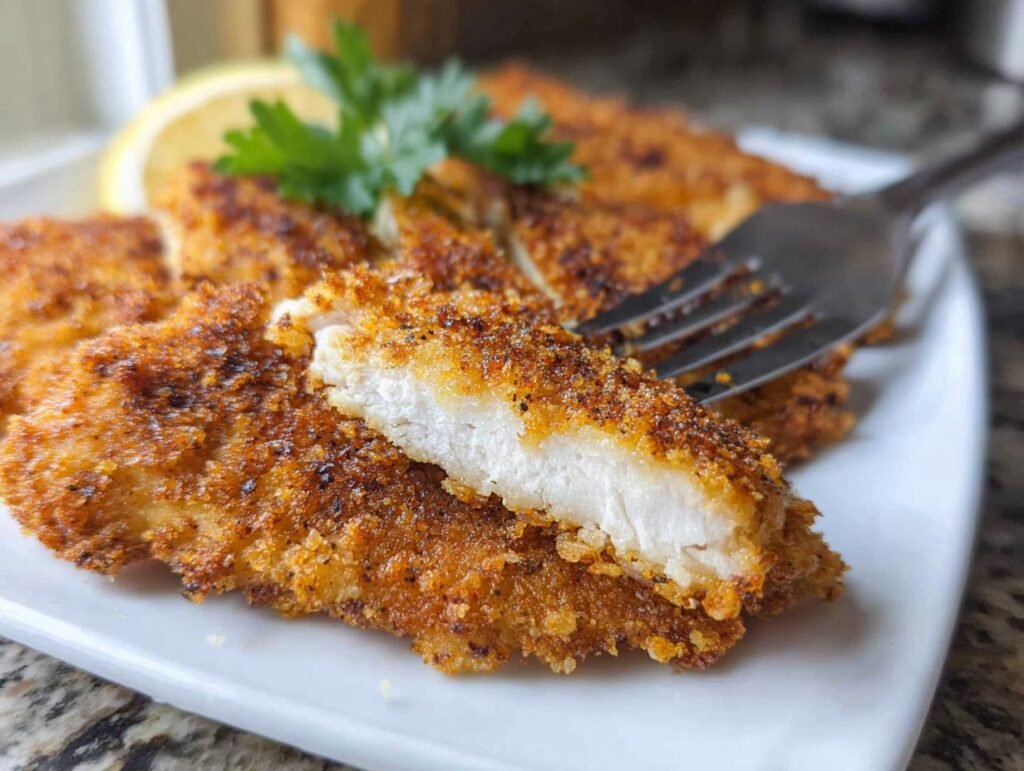 A fork lifts a piece of juicy Crispy Chicken Cutlets showing the perfectly cooked white meat inside the golden brown breading.