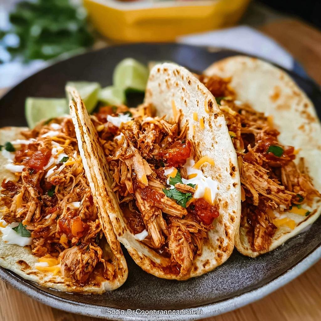 Three soft tacos filled with saucy Crockpot Shredded Chicken Tacos, topped with cheese, salsa, and sour cream.