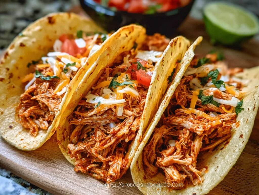 Three soft shell tacos filled with saucy Crockpot Shredded Chicken Tacos, topped with cheese, tomatoes, and cilantro.