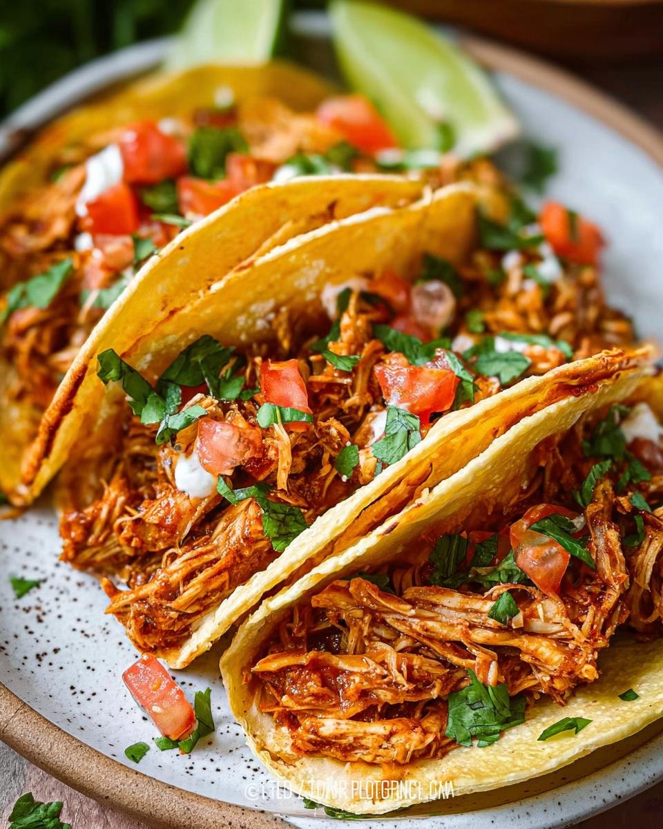 Close-up of three crispy tacos filled with saucy Crockpot Shredded Chicken Tacos, topped with diced tomatoes and cilantro.