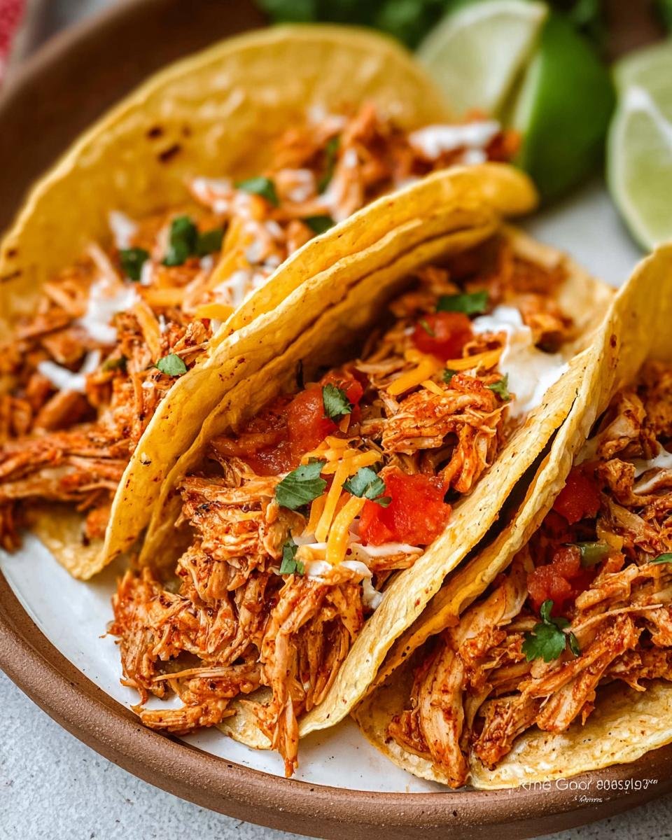 Close-up of three soft tacos filled with seasoned Crockpot Shredded Chicken Tacos, topped with cheese, salsa, and sour cream.