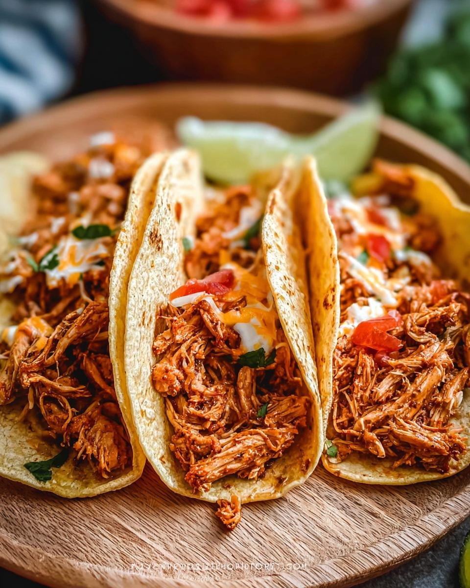 Three soft tacos filled with saucy Crockpot Shredded Chicken Tacos, topped with cheese and sour cream.