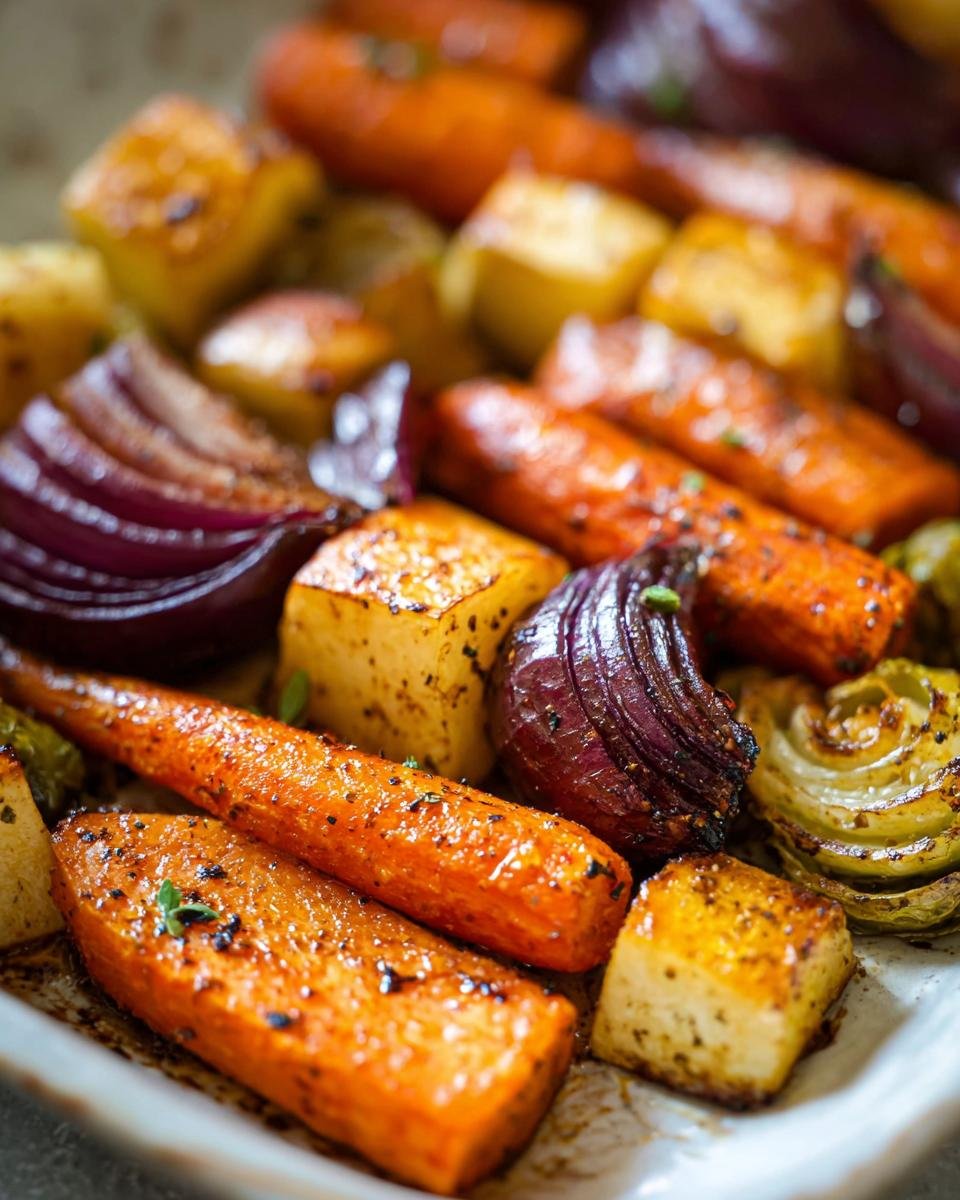 Close-up of roasted carrots, red onion wedges, and cubed root vegetables for a Fall Harvest Veggie Platter.