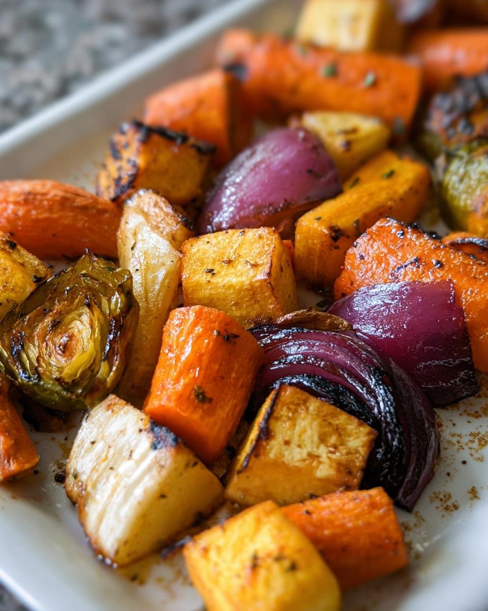 Close-up of roasted carrots, red onion wedges, and golden root vegetables making up a Fall Harvest Veggie Platter.