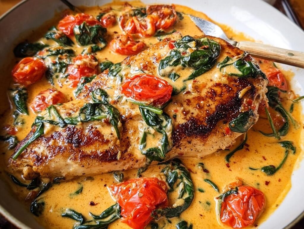A perfectly seared chicken breast smothered in a rich, creamy Tuscan Chicken sauce with spinach and roasted cherry tomatoes.