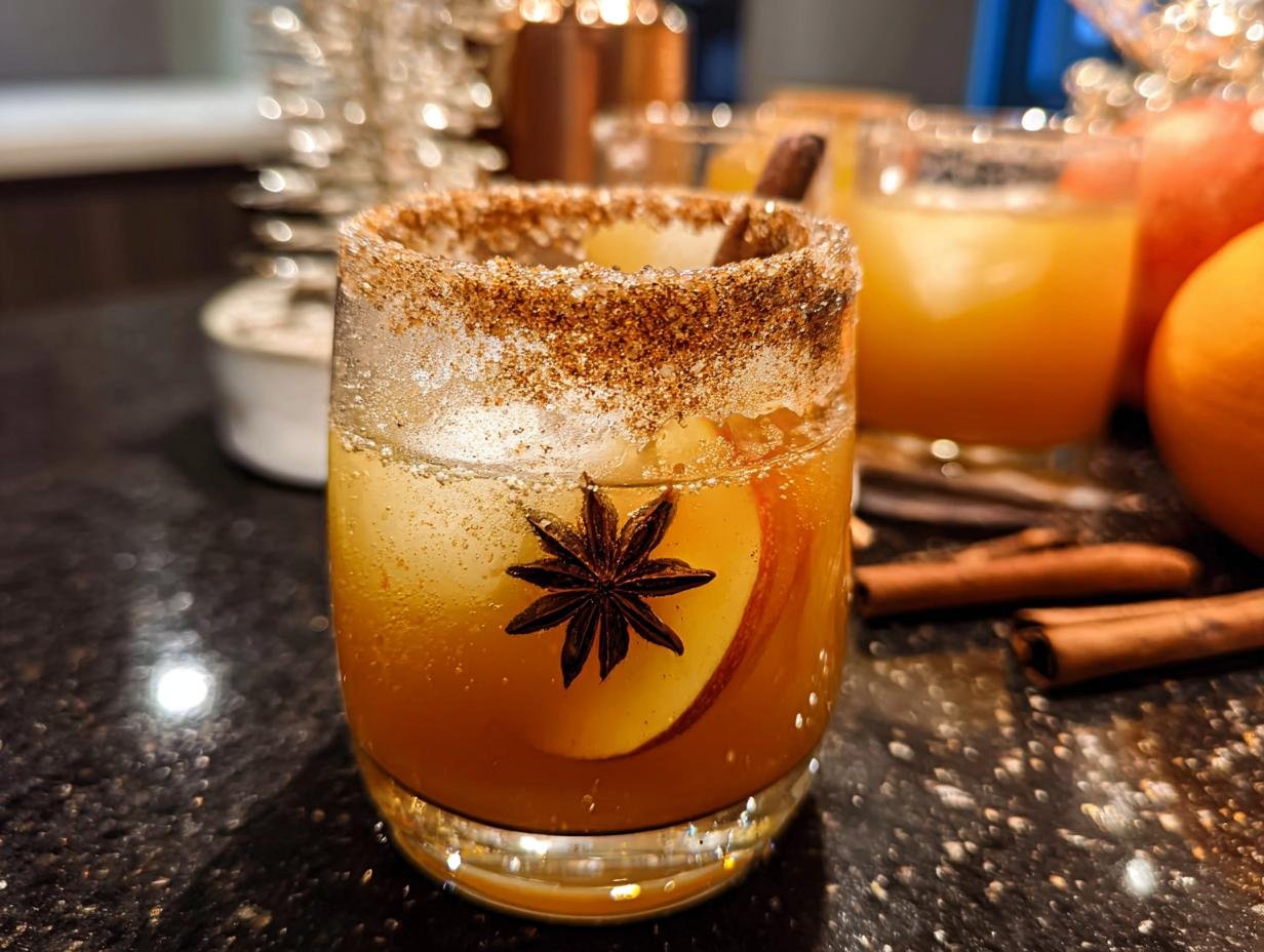 Close-up of a glass of Apple Cider Punch garnished with star anise and a cinnamon sugar rim.