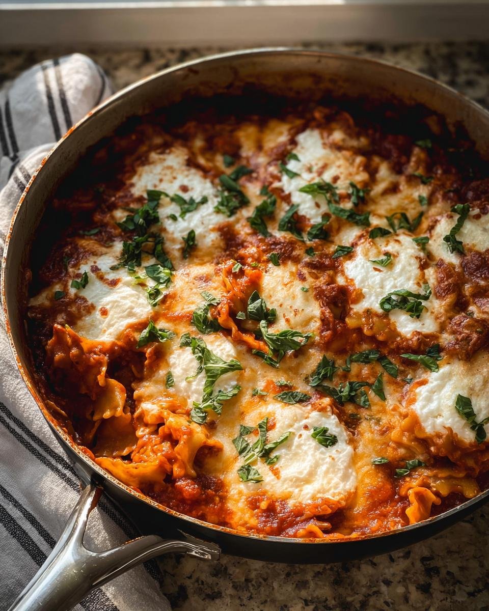 Close-up of a bubbling Lasagna Skillet topped with dollops of melted mozzarella and fresh basil.
