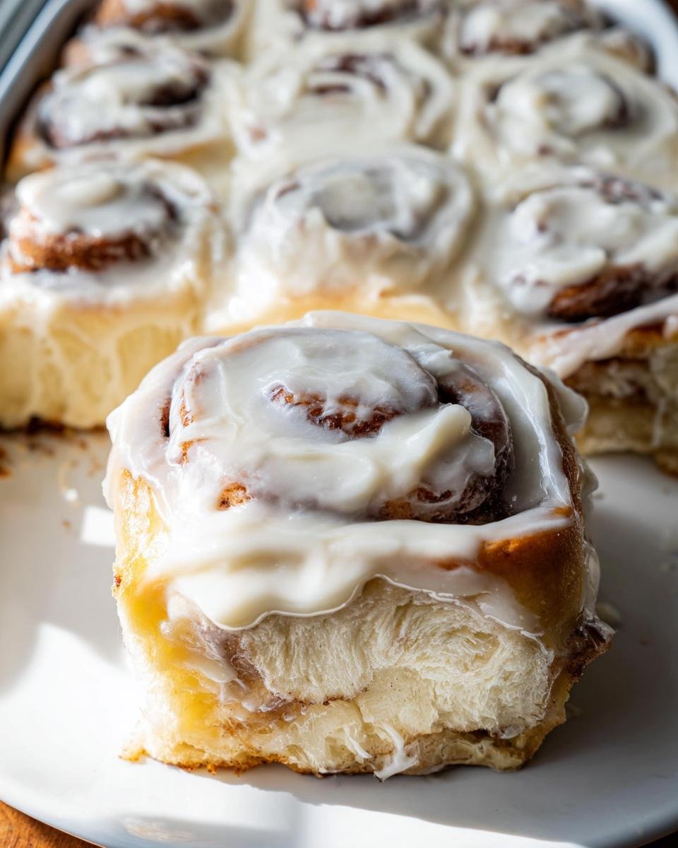 A close-up view of one incredibly fluffy cinnabon roll, generously topped with white cream cheese frosting, with more rolls blurred in the background.