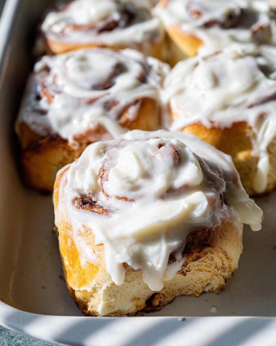 A close-up shot of several freshly baked cinnabon rolls smothered in thick white cream cheese frosting in a white baking dish.