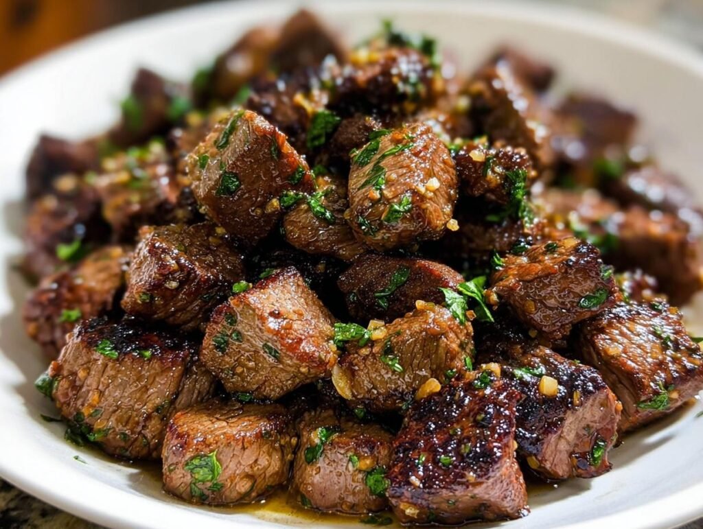 Close-up of perfectly seared Garlic Butter Steak Bites coated in glistening garlic, butter, and parsley.