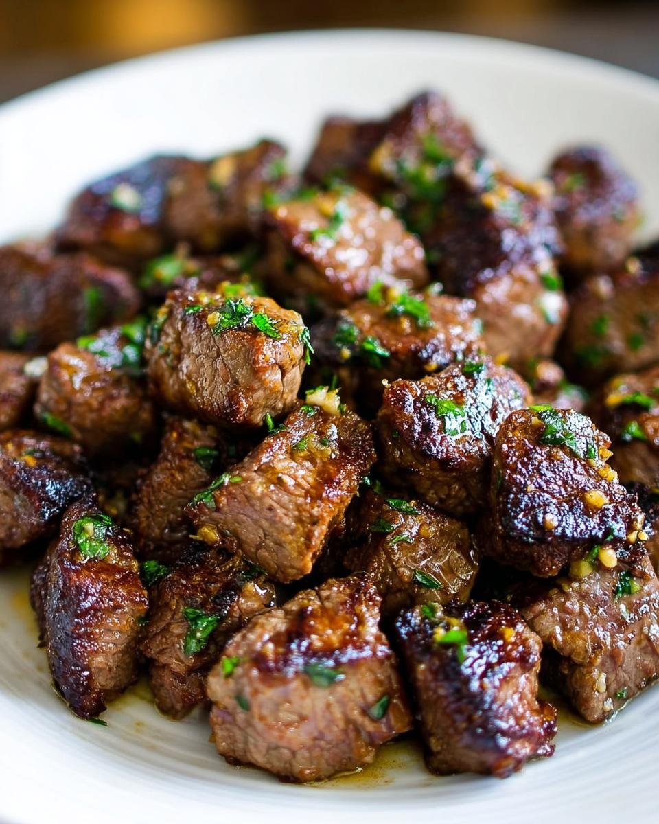 A close-up shot of perfectly seared Garlic Butter Steak Bites glistening with sauce and topped with fresh parsley.