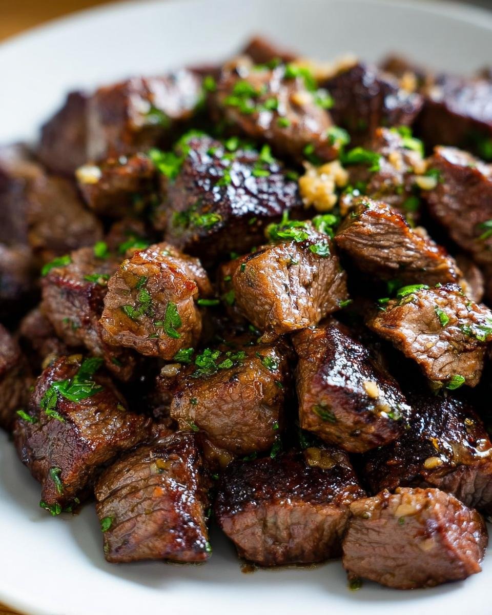 Close-up of perfectly seared Garlic Butter Steak Bites coated in a glossy sauce and topped with fresh parsley.