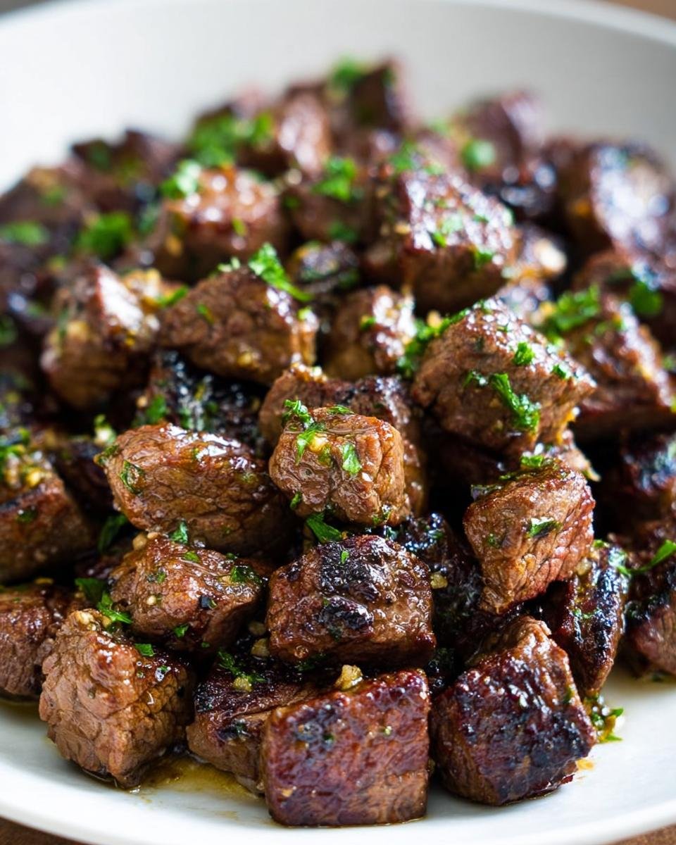Close-up of perfectly seared Garlic Butter Steak Bites glistening with sauce and topped with fresh parsley.