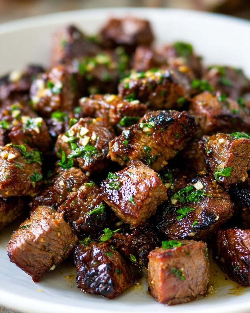 Close-up of perfectly seared Garlic Butter Steak Bites glistening with sauce and topped with fresh parsley and minced garlic.