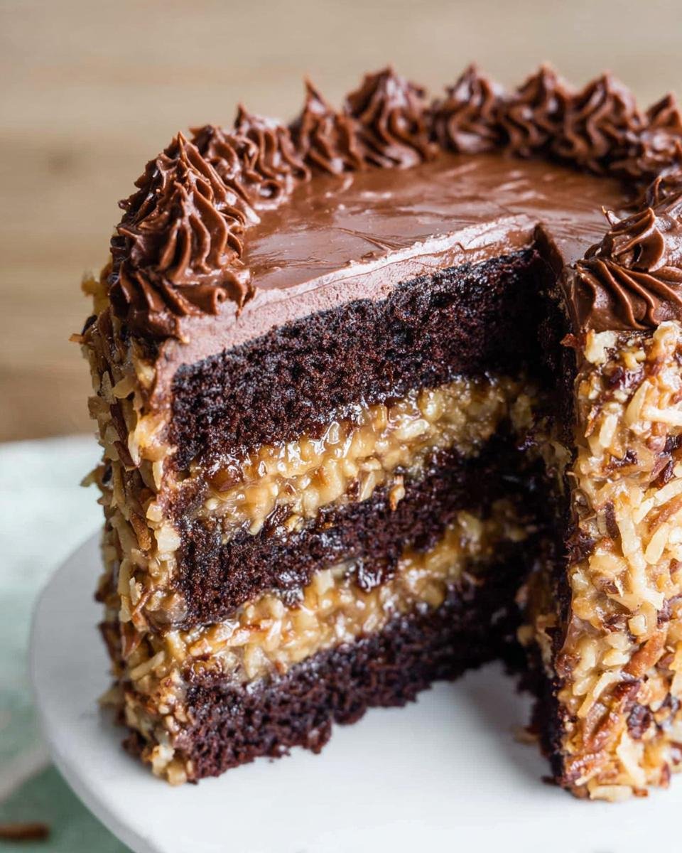 Close-up of a slice removed from a rich German Chocolate Cake Coconut Pecan showing three dark chocolate layers and coconut pecan filling.