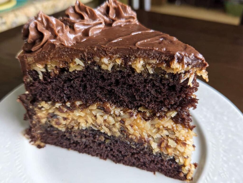 A rich slice of German Chocolate Cake Coconut Pecan showing two dark chocolate layers and a thick coconut pecan filling.