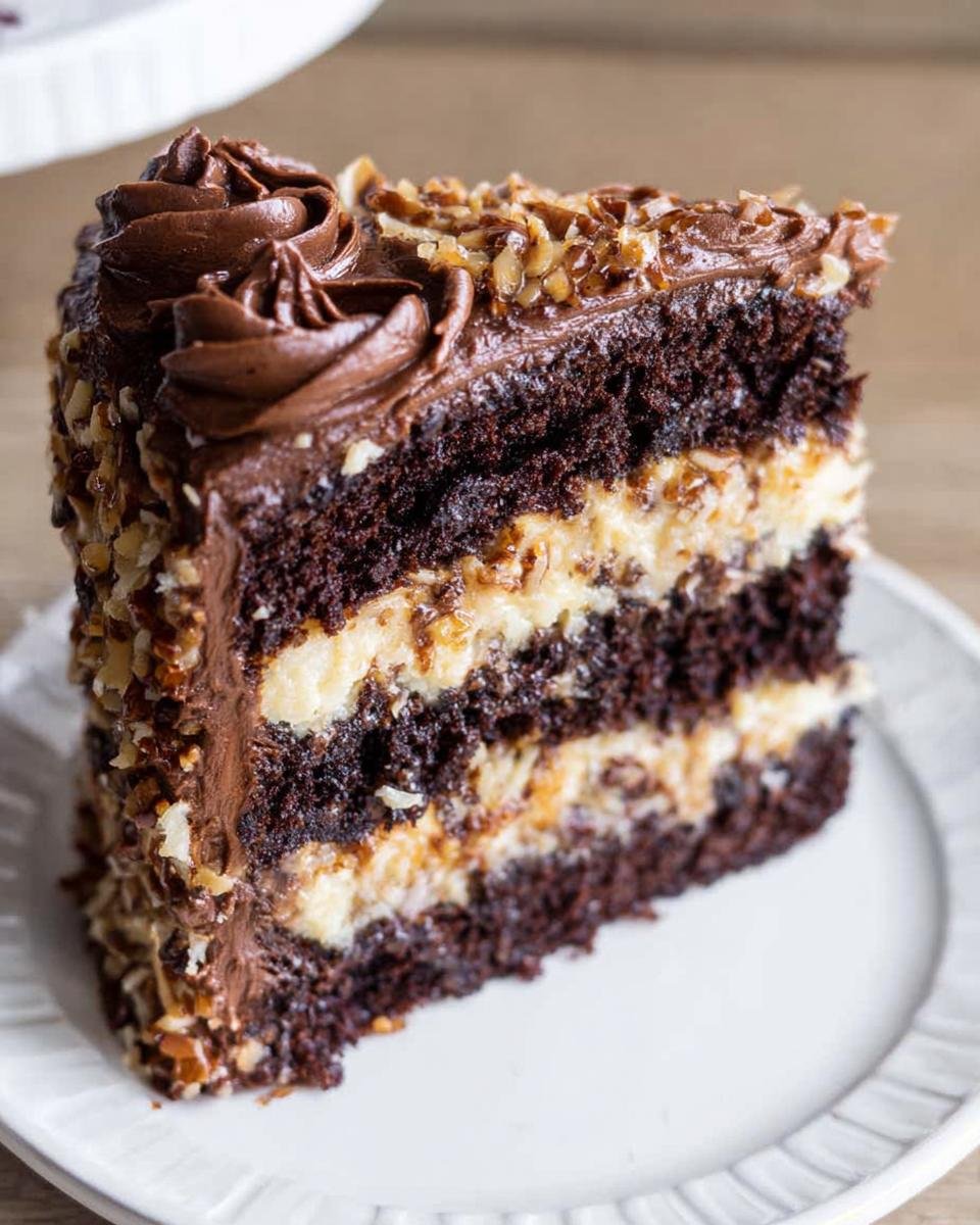 A decadent slice of German Chocolate Cake Coconut Pecan showing three layers of dark chocolate cake and coconut pecan filling.