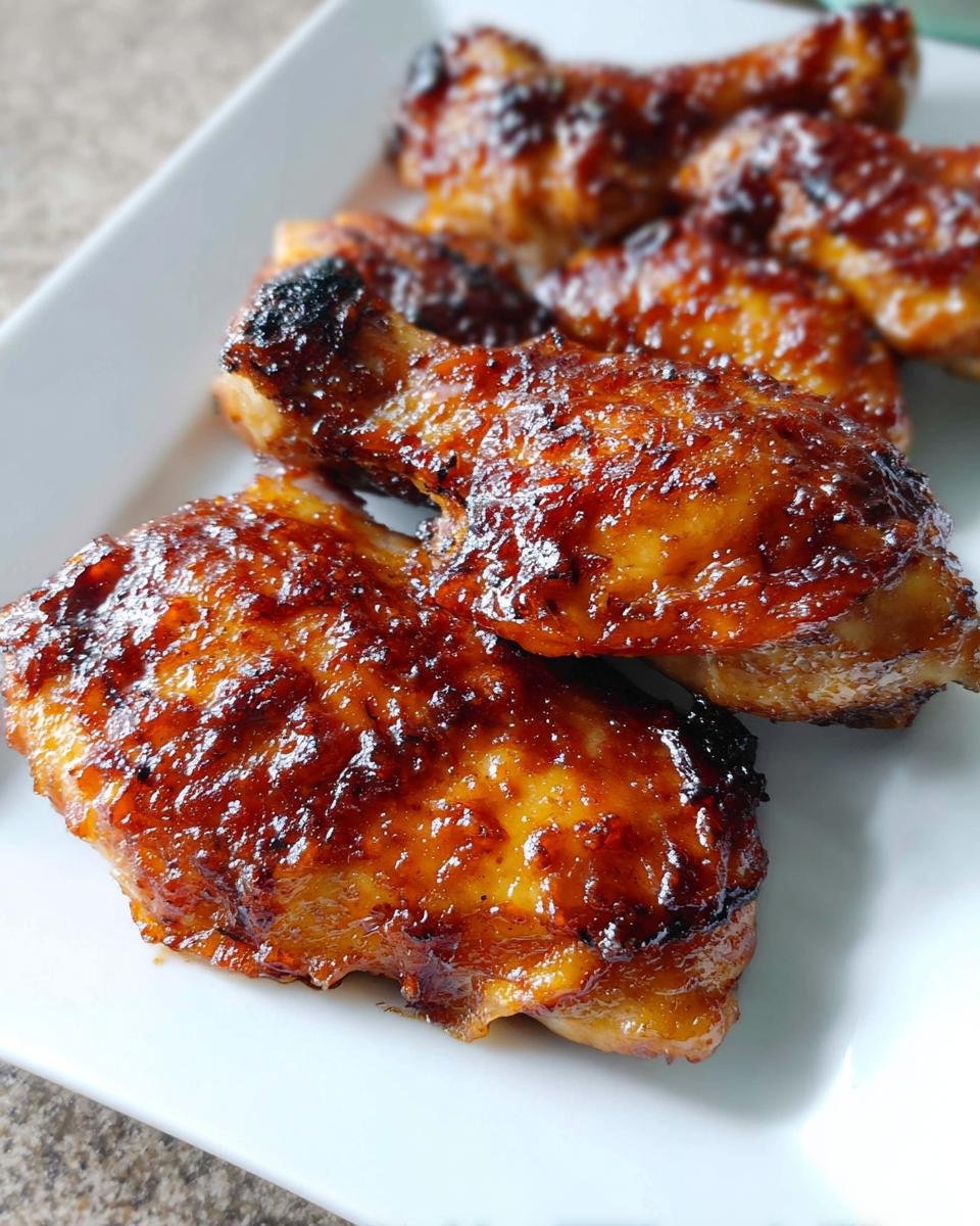 Close-up of several glistening, glazed BBQ Baked Thighs served on a white rectangular plate.