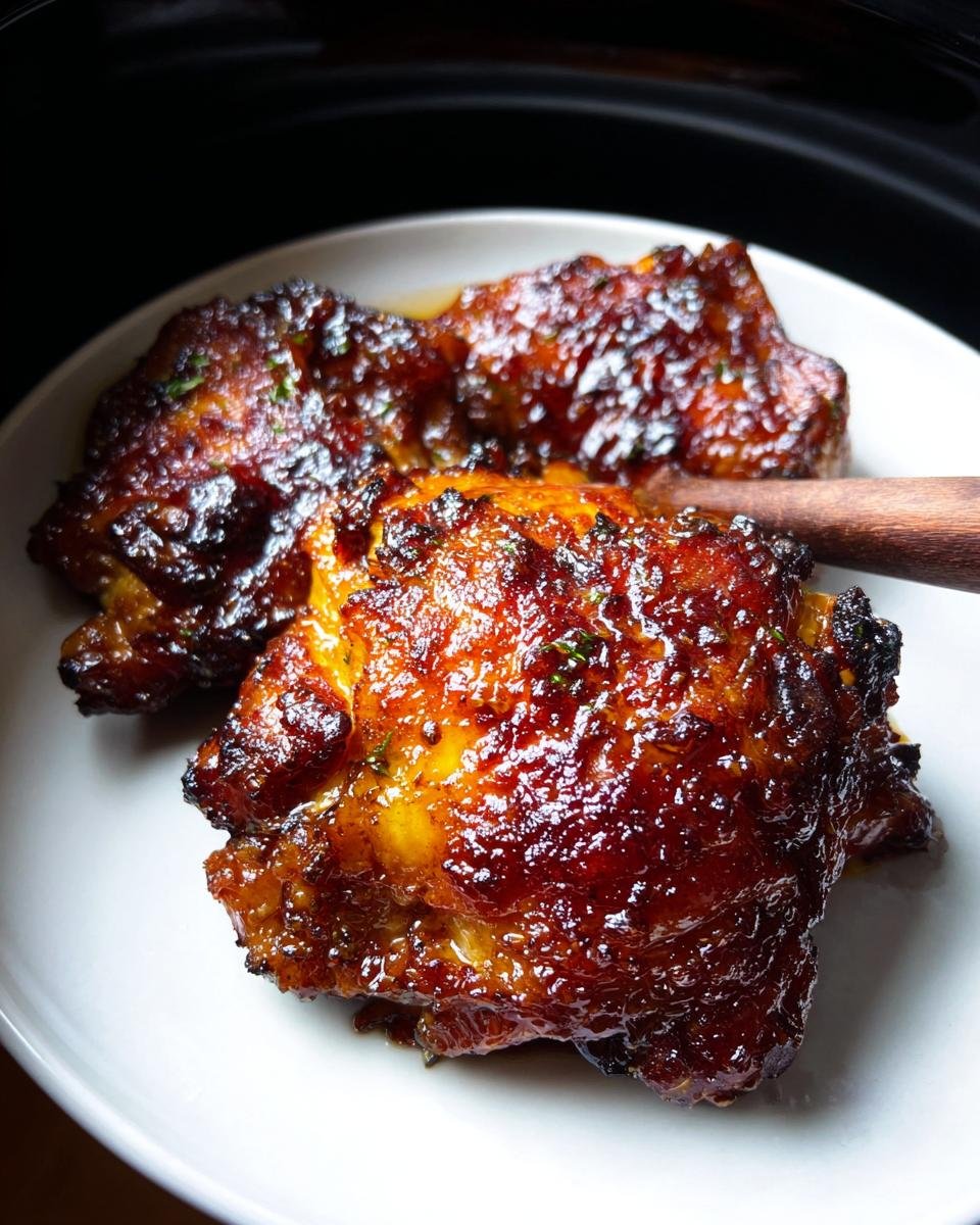 Two beautifully glazed, caramelized Slow Cooker Thighs served on a white plate, glistening under the light.