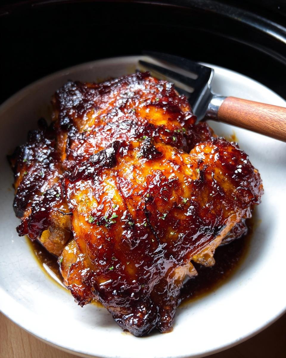Close-up of sticky, glazed Slow Cooker Thighs served in a bowl with a fork resting nearby.