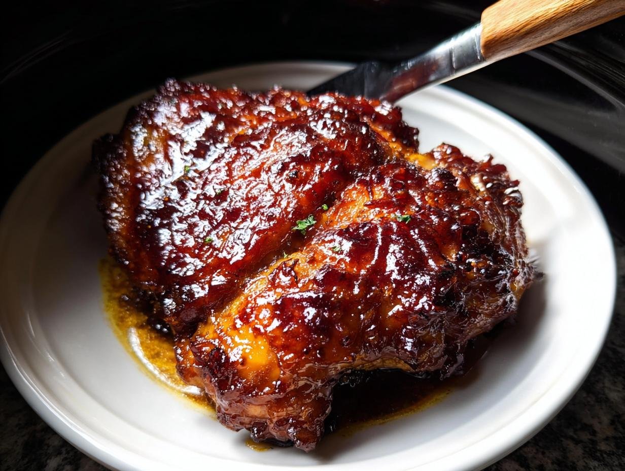 Two perfectly glazed, sticky chicken thighs served on a white plate, ready to eat, showcasing amazing Slow Cooker Thighs.