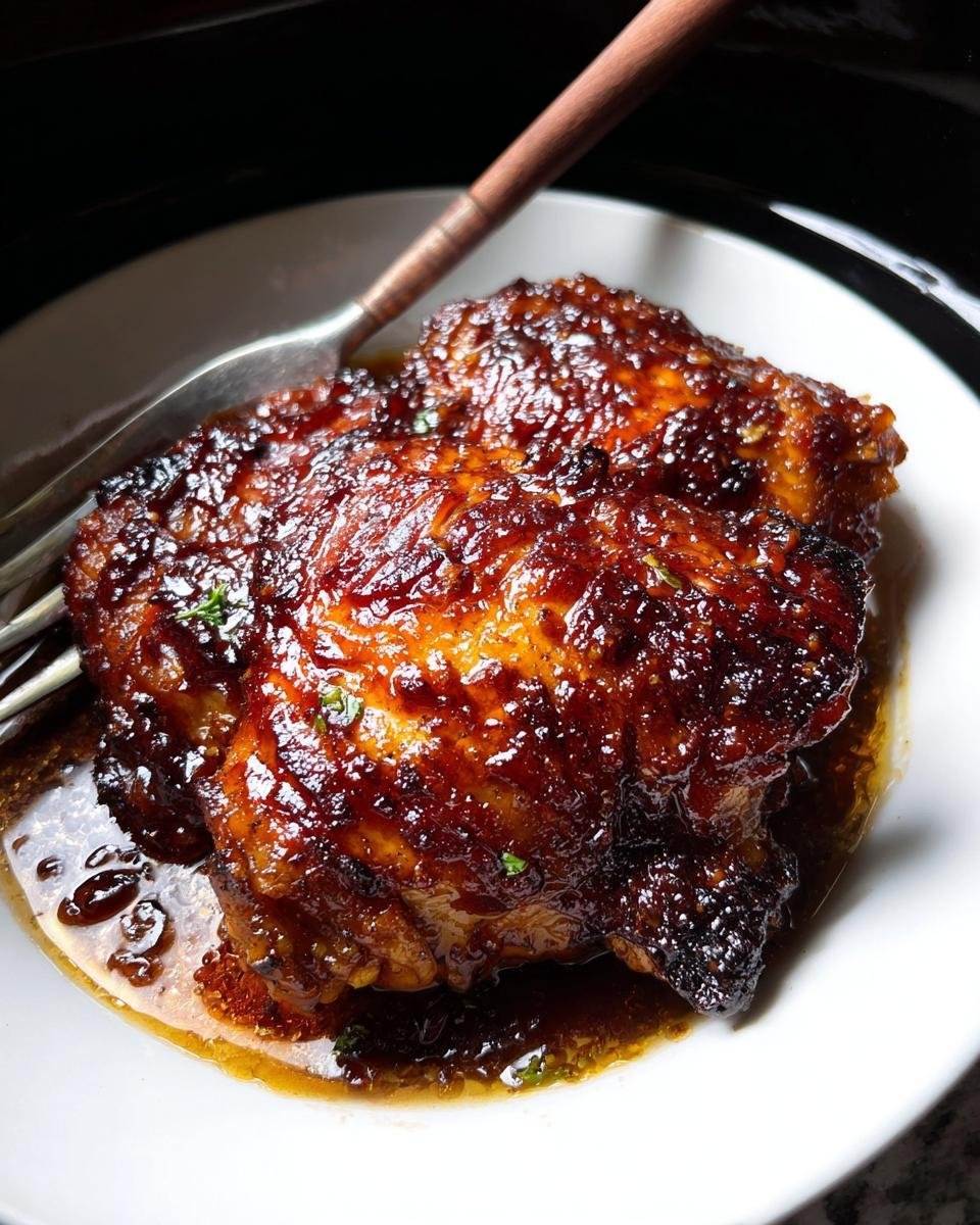 Two glazed, sticky chicken thighs resting in sauce on a white plate, ready to eat, featuring Slow Cooker Thighs.