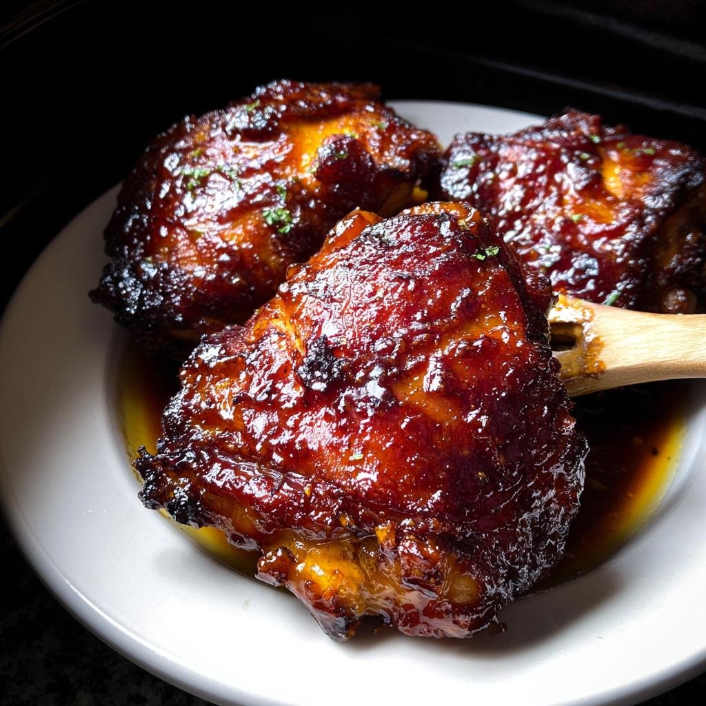 Three sticky, glazed Slow Cooker Thighs served on a white plate with sauce.