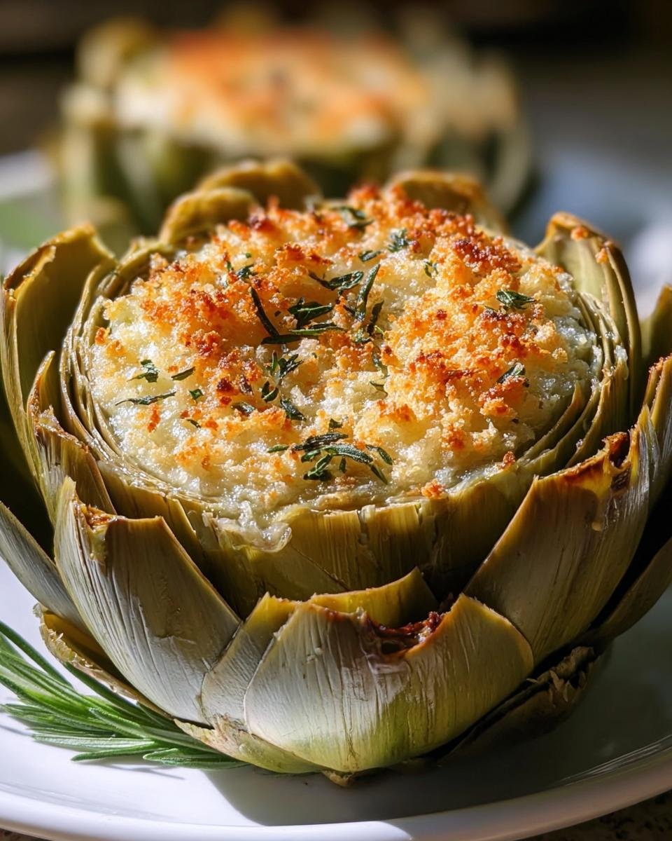 Close-up of a baked Stuffed Artichokes topped with golden, crispy breadcrumbs and fresh rosemary.