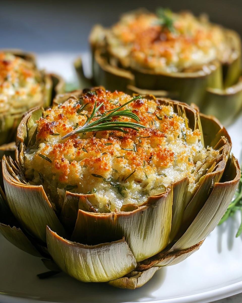 Close-up of a baked Stuffed Artichokes topped with golden breadcrumbs and a fresh rosemary sprig.