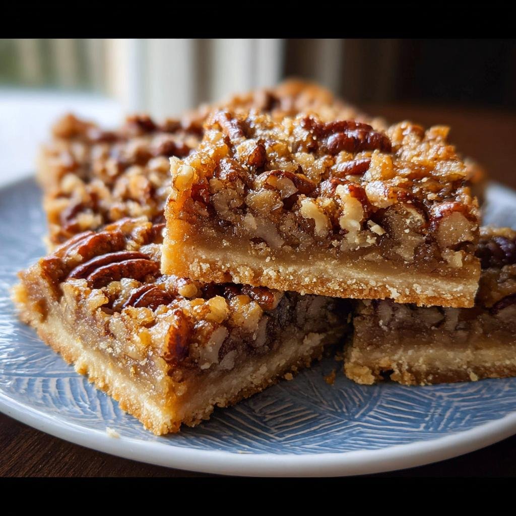 A stack of rich, gooey Pecan Pie Bars showing the thick shortbread crust and pecan topping.