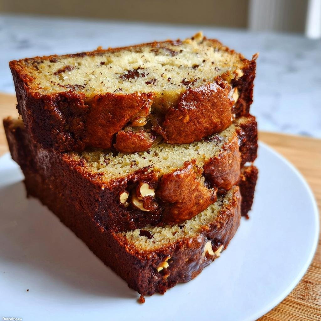 Three stacked slices of moist Greek Yogurt Banana Bread Extra Soft with visible chocolate chips and nuts.