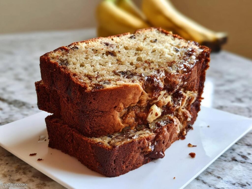 Two stacked slices of moist Greek Yogurt Banana Bread Extra Soft with visible nuts and chocolate chips.